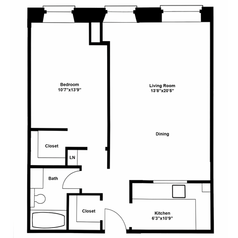 A black and white image of a floor plan for a small apartment.